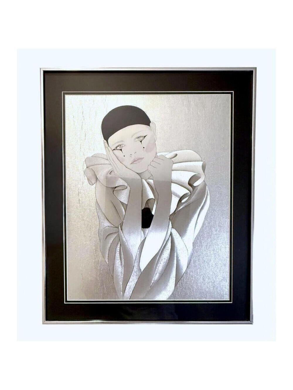 Vintage Pierrot Metal Engraving Framed Silver Relief Art Large 20x24 Wall Decor